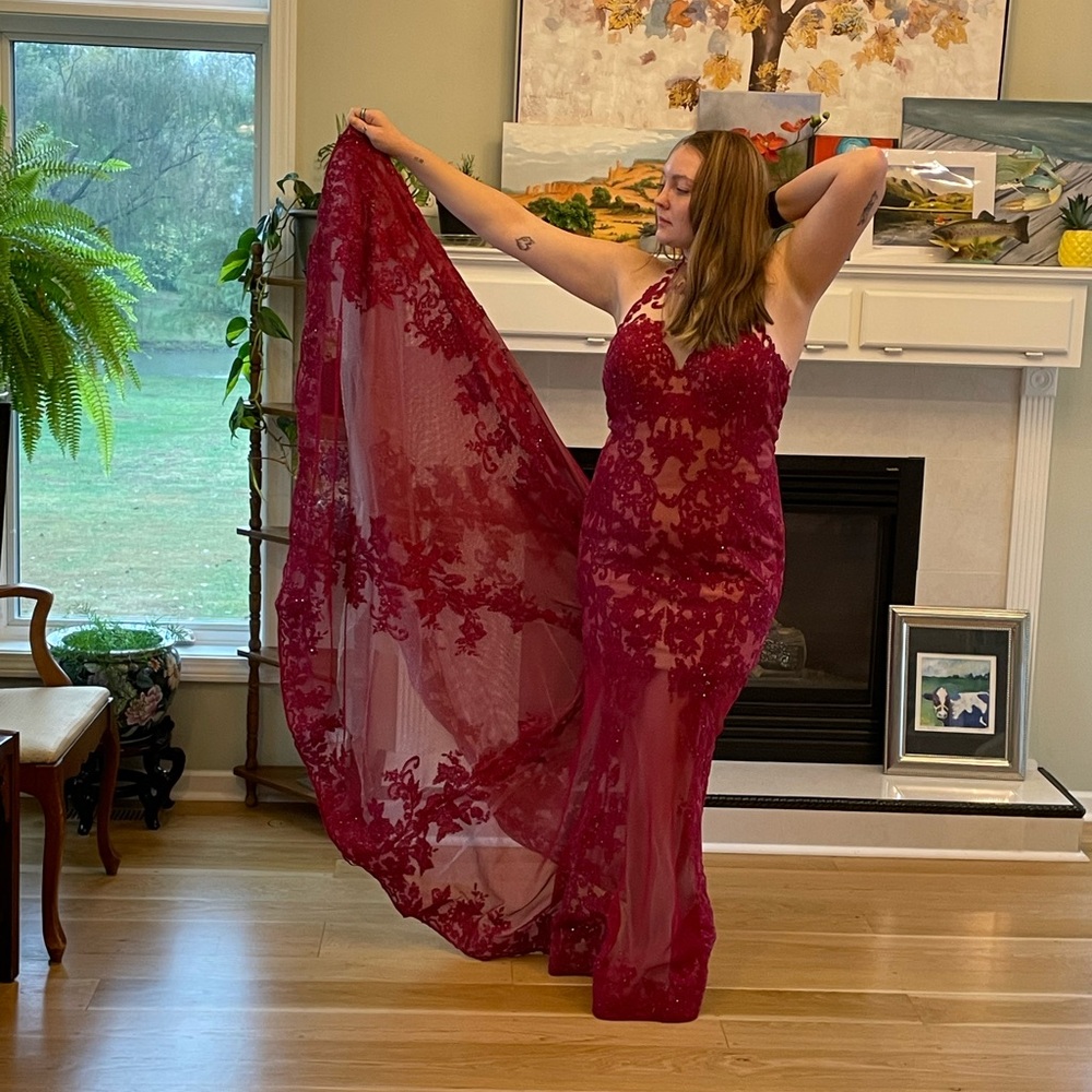 Ellie Wilde Red Lace Dress with train